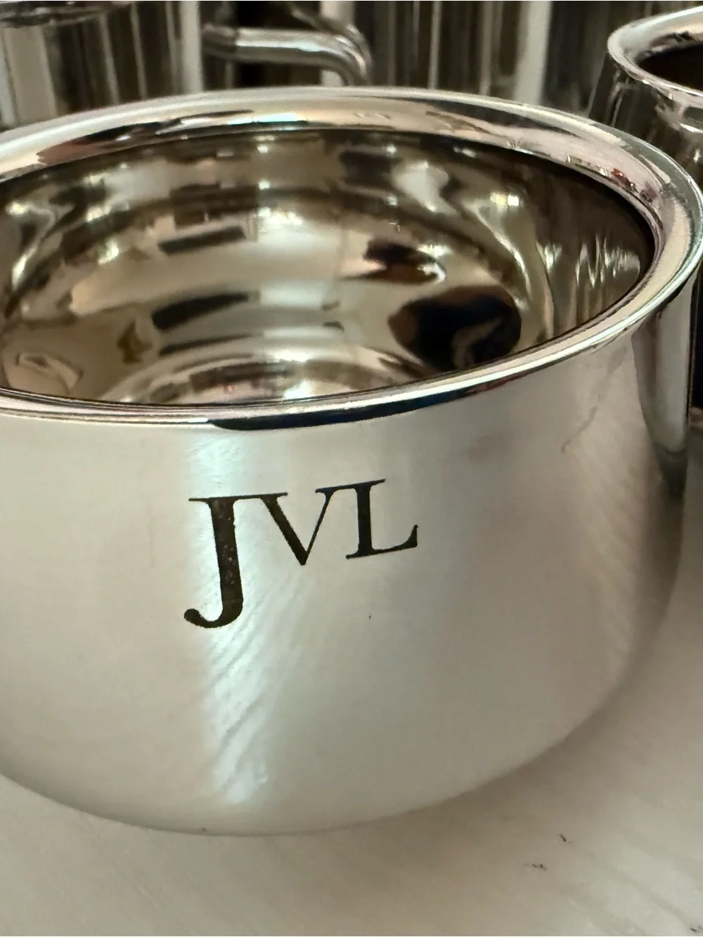 Set of 6: Polished Stainless Steel Coffee Cup and 3 serving bowls Mazda & JVL